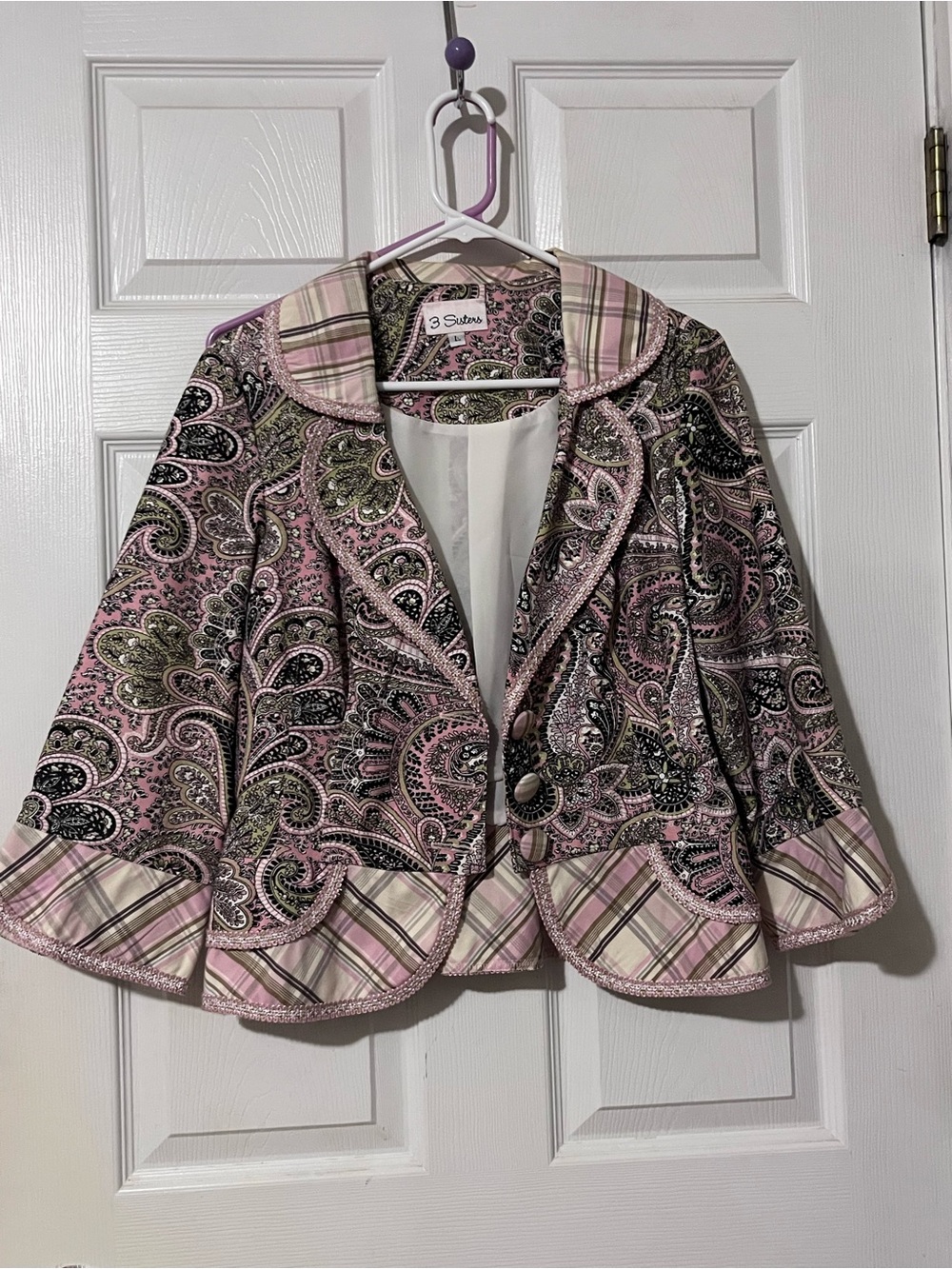 3 Sisters Pink Paisley Plaid Trim Jacket